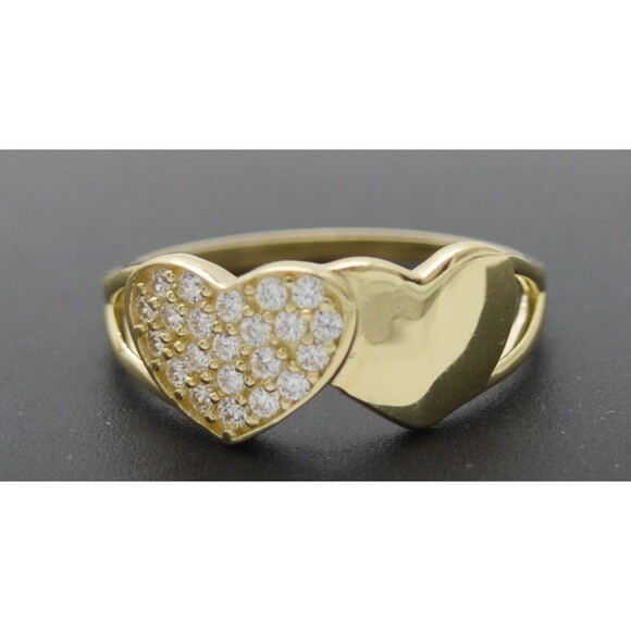 Real 10K Solid Yellow Gold Double Heart Shiny CZ & Shiny Ring All Sizes